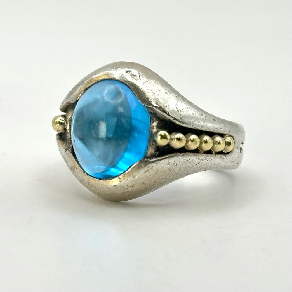 Lagos Vintage Caviar Blue Topaz Cabochon Two Tone Ring Size 7